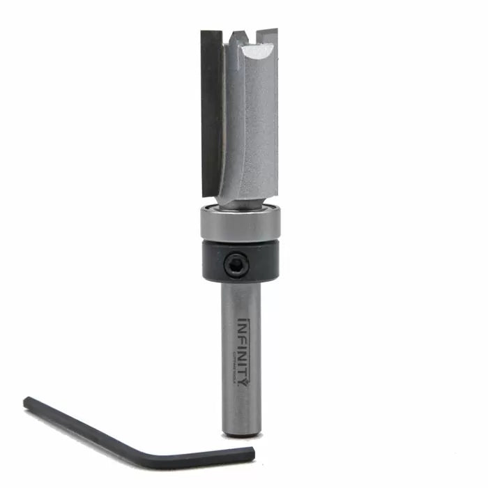 Carbide router bit with bearing and hex key for woodworking on white background