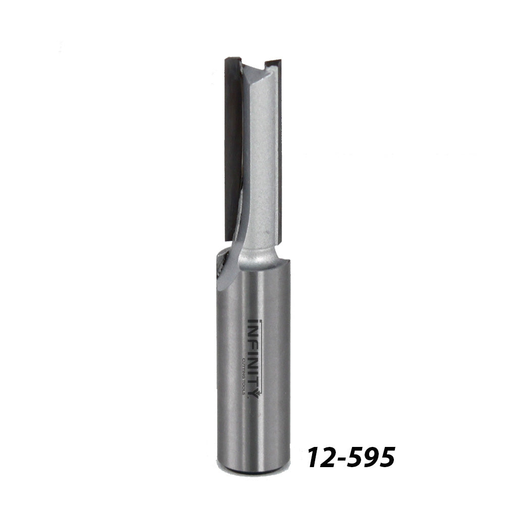 Straight carbide router bit for woodworking, item number 12-595, on white background