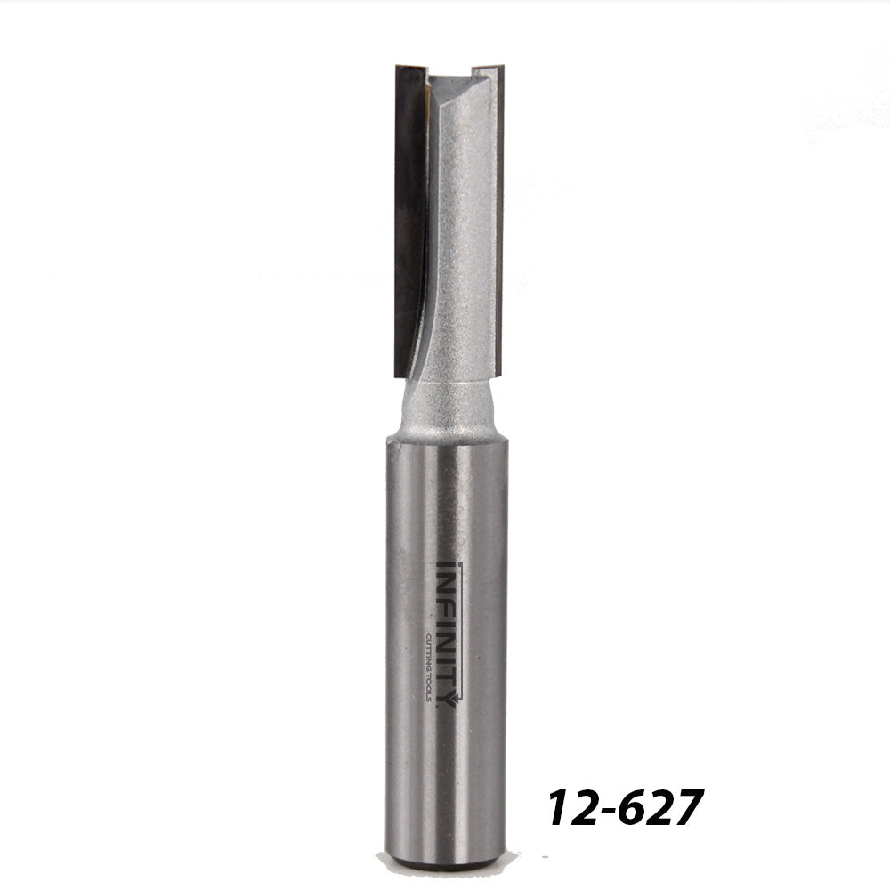 Straight router bit for woodworking, carbide tipped, part number 12-627 on white background.