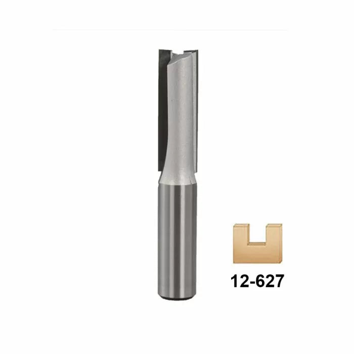 Straight router bit with carbide tip and cut profile, labeled 12-627, for woodworking.