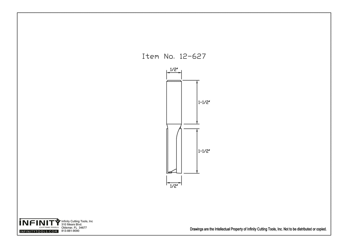 Straight router bit technical drawing, 1/2 inch shank and cutting diameter, 1-1/2 inch length
