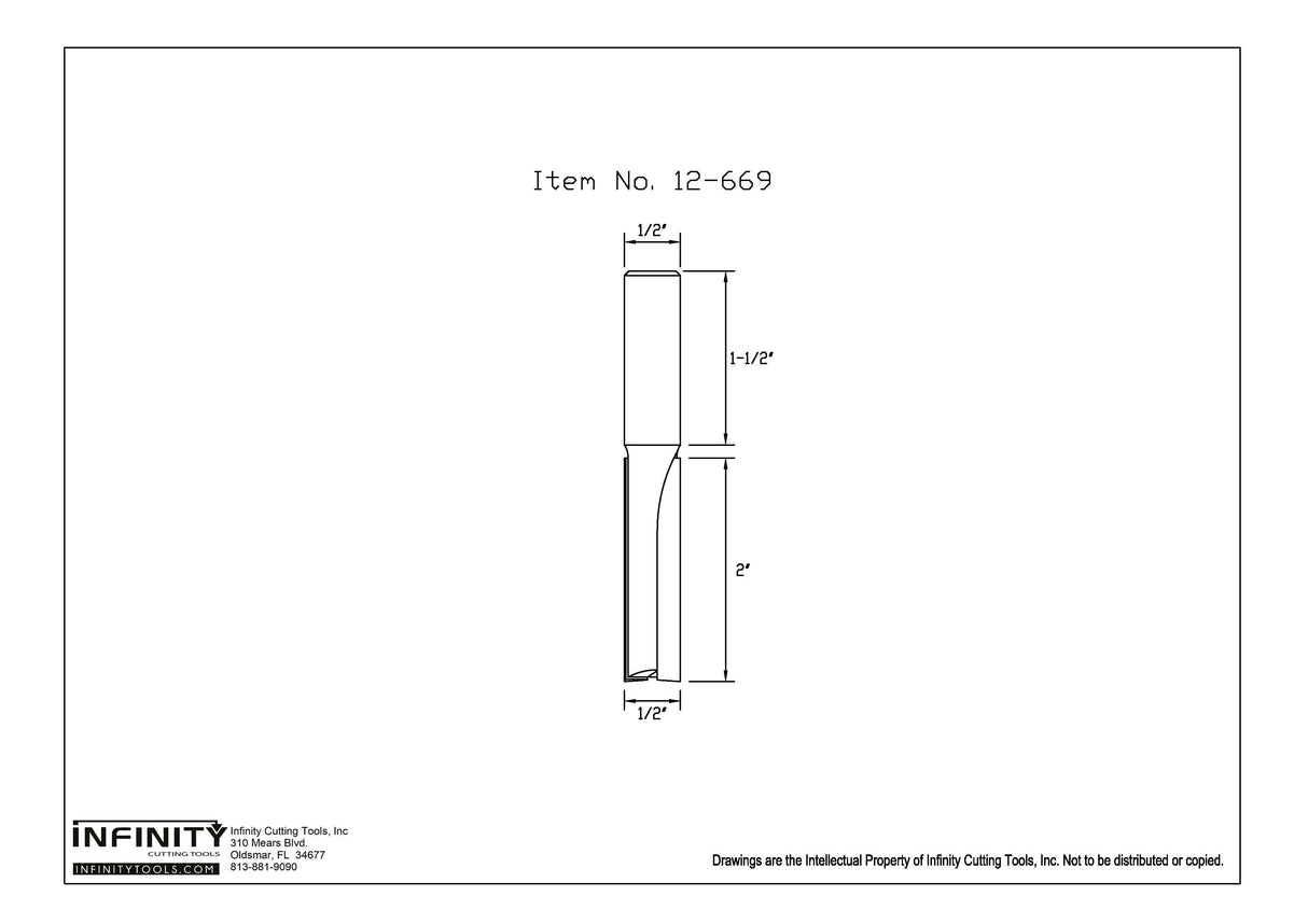 Technical drawing of straight router bit with 1/2 inch shank and 2 inch cutting length