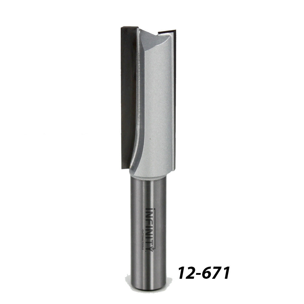 Straight carbide router bit with two flutes and a silver finish, labeled 12-671.