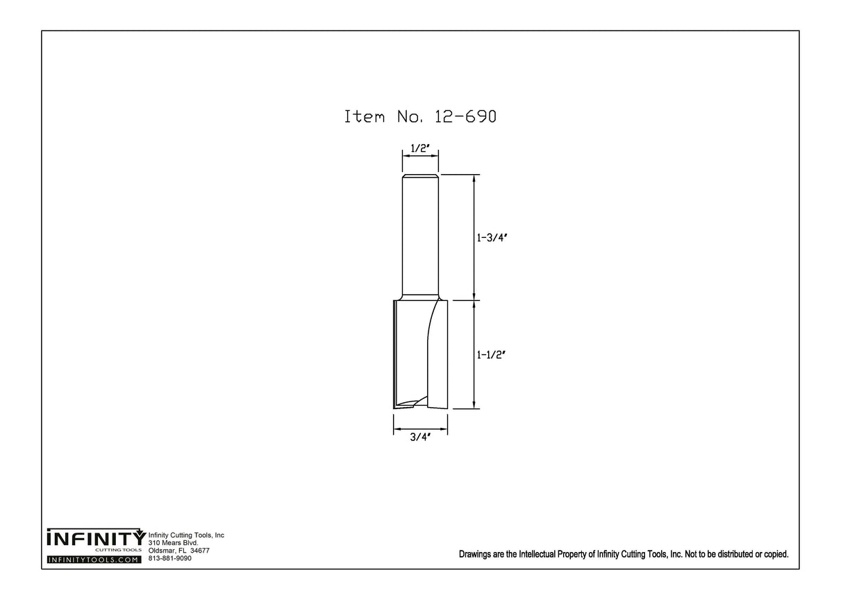 Diagram of 1/2" shank straight router bit, 3/4" cutting diameter, item 12-690
