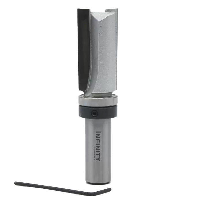 Carbide-tipped router bit with straight cutting edge and hex key for woodworking.