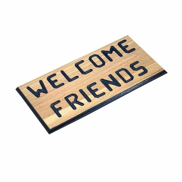 Wooden welcome sign with routed 'Welcome Friends' text, woodworking project example
