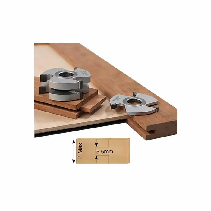 Tongue and groove carbide woodworking cutter set with wood samples and groove size diagram.