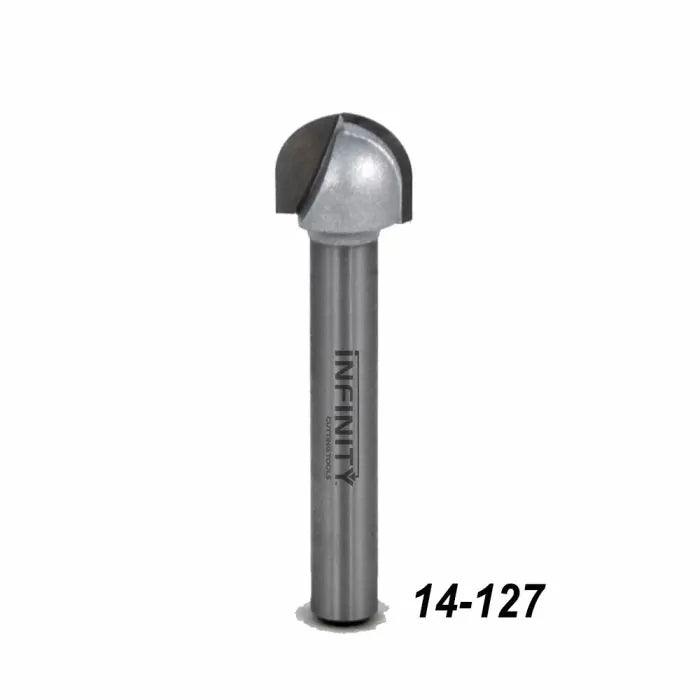 Round nose router bit with silver shank, labeled 14-127, for woodworking projects.