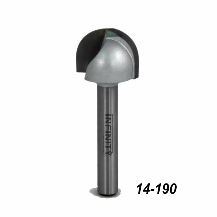 Round nose router bit with gray carbide tip for woodworking, product number 14-190