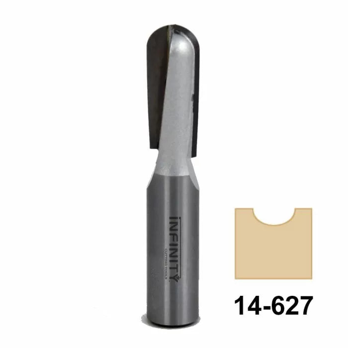 Straight router bit with rounded cutting edge and sample wood profile, item 14-627.