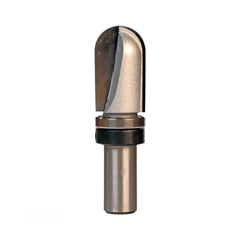 Carbide-tipped router bit with bearing for woodworking on white background