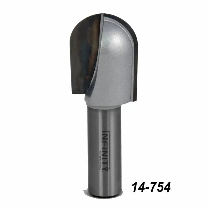 Round nose router bit with carbide cutting edge and shank marked 14-754, woodworking tool