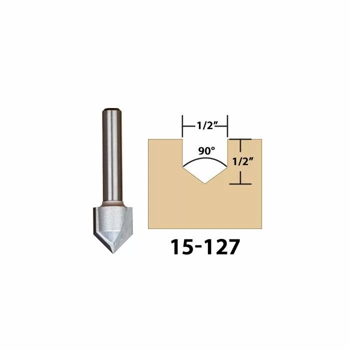 90-degree V-groove 1/2 inch router bit with diagram showing cut dimensions