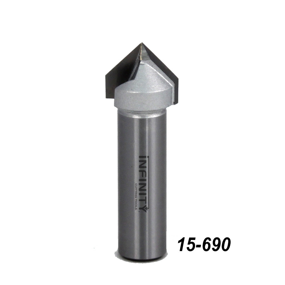 90 degree V-groove router bit for woodworking on white background, model number 15-690