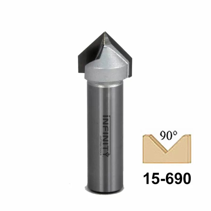90 degree carbide V-groove router bit for woodworking, labeled 15-690, with cut diagram