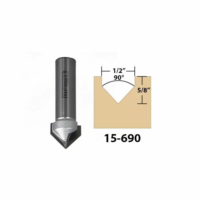 90 degree V-groove router bit with dimensions 1/2 inch wide by 5/8 inch deep, model 15-690