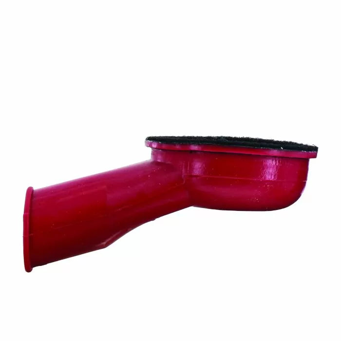 Red plastic dust collection port attachment for woodworking tools on white background