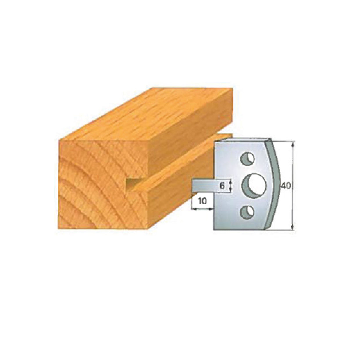 Grooving woodworking cutter blade next to routed wooden board, with measurements shown.