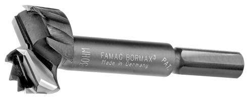 Carbide-tipped Forstner drill bit for woodworking, engraved with product details