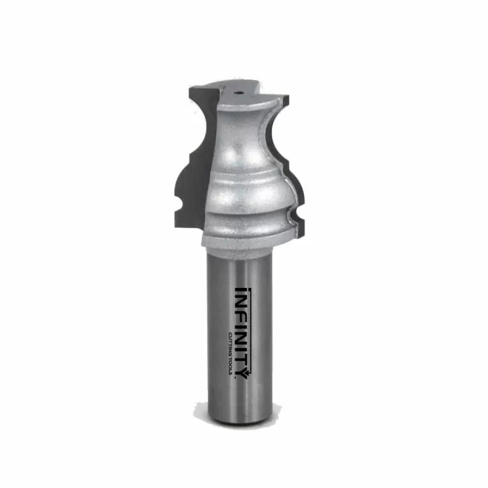 Decorative edge router bit for woodworking, silver metal with engraved branding.