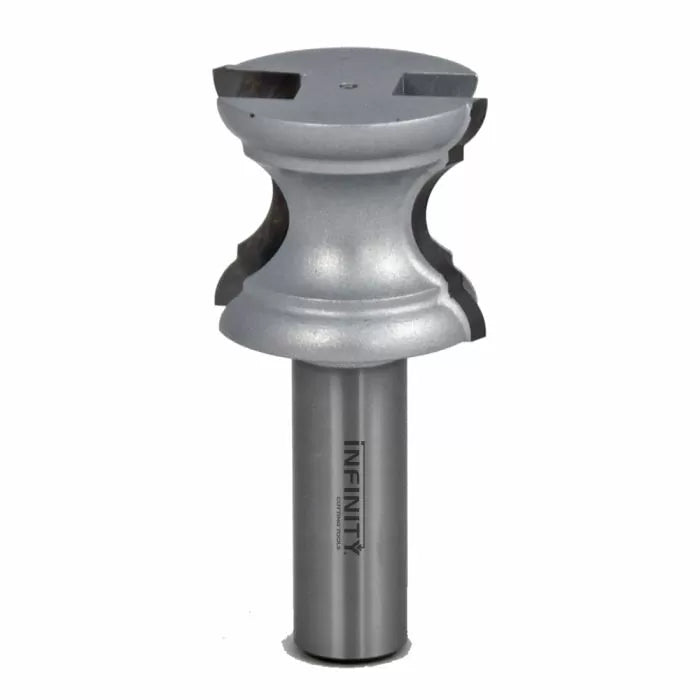 Carbide-tipped woodworking router bit with decorative profile and steel shank
