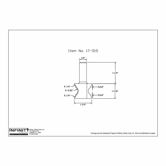 Technical drawing of woodworking router bit with labeled measurements, item 17-515
