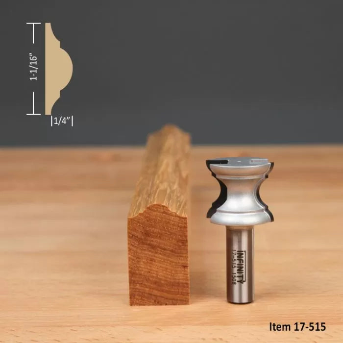 Classical router bit with profile cut sample and dimensions, Item 17-515, on wood table
