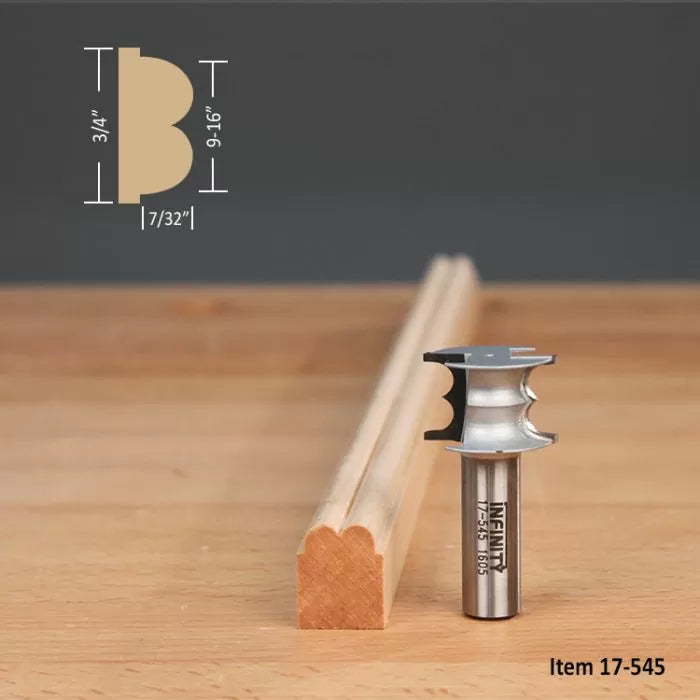 Woodworking router bit with matching decorative edge profile and measurements on wood piece