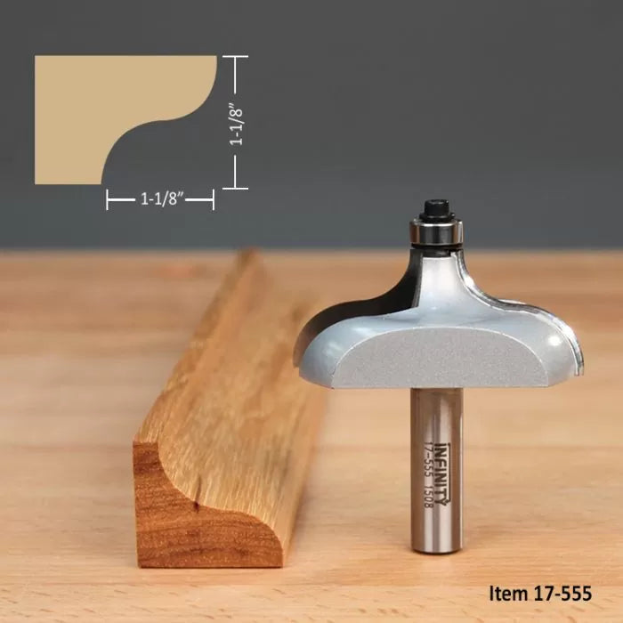 Large roundover router bit for woodworking, shown with routed wood edge and cutting profile diagram.