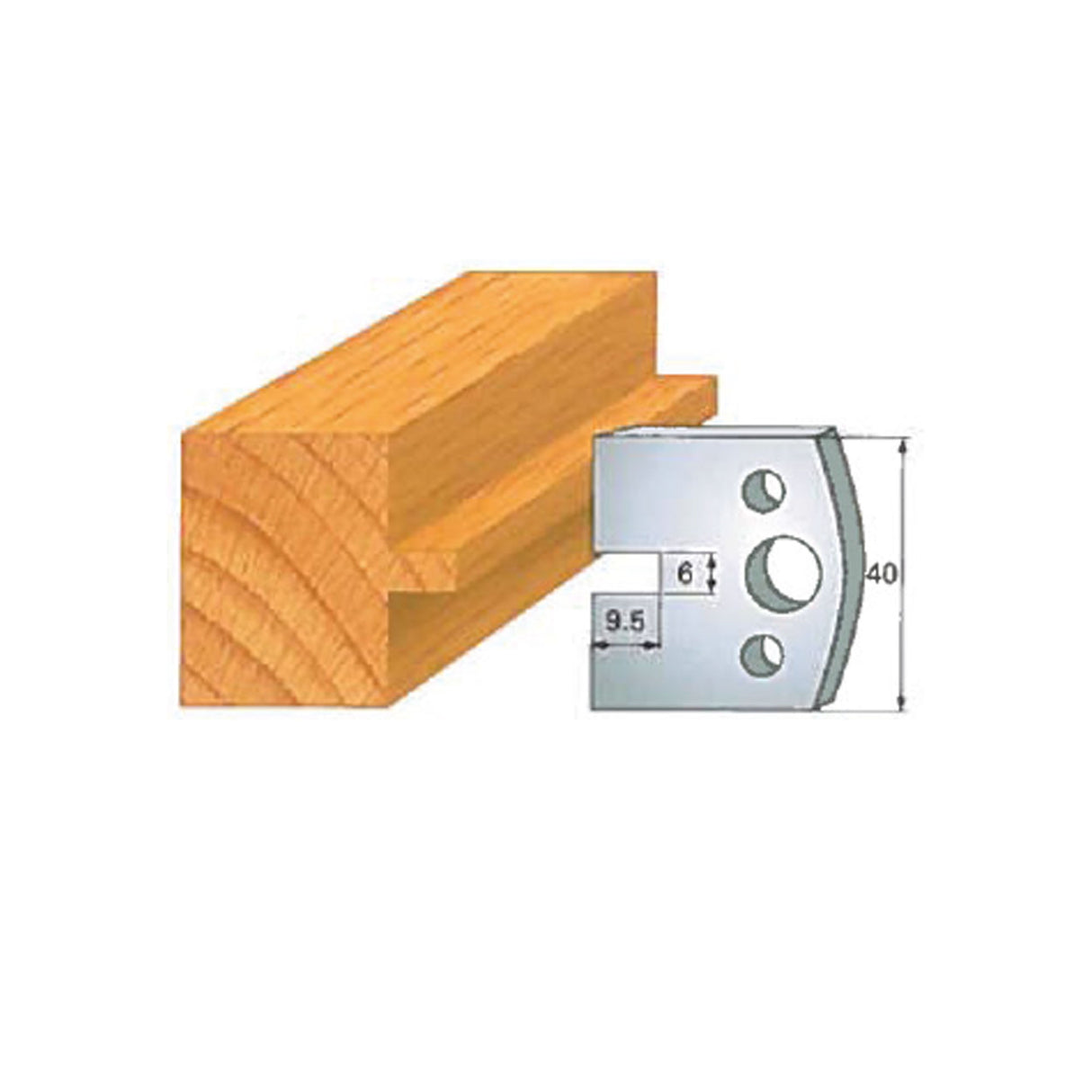 Woodworking profile cutter blade with groove measurements beside routed wood piece