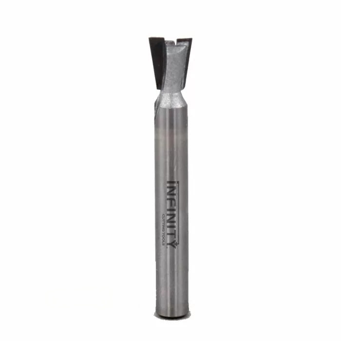Dovetail router bit with carbide cutting edges for woodworking on white background
