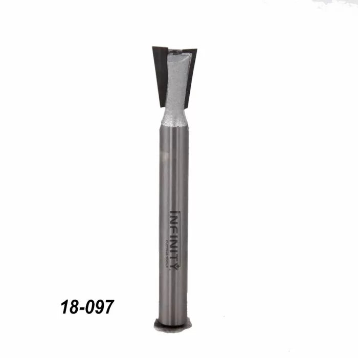 Carbide-tipped dovetail router bit with metal shank for woodworking, labeled 18-097.