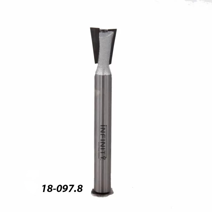 Dovetail router bit with carbide tip for woodworking, isolated on white background.