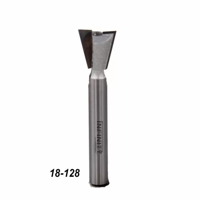 Dovetail router bit with sharp carbide tips for woodworking, product code 18-128.