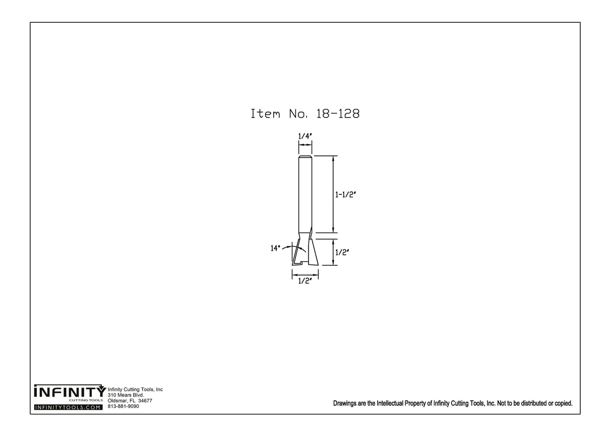Diagram of woodworking dovetail router bit, 1/2 inch cutting diameter, 14 degree angle.