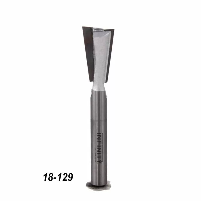 Dovetail router bit with steel shank for woodworking, product number 18-129 on white background.