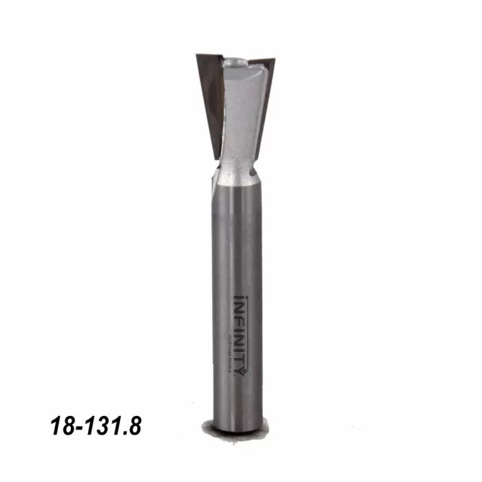 Carbide-tipped dovetail router bit for woodworking, product number 18-131.8, on white background.