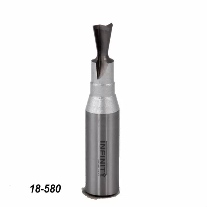 Carbide router bit for woodworking with straight flute, labeled 18-580, on white background.