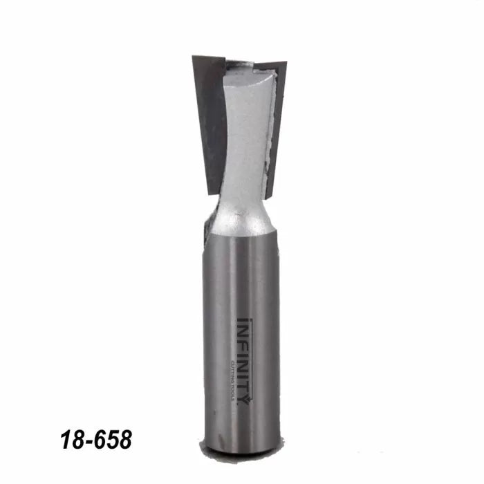 Carbide-tipped dovetail router bit for woodworking on white background, item 18-658.