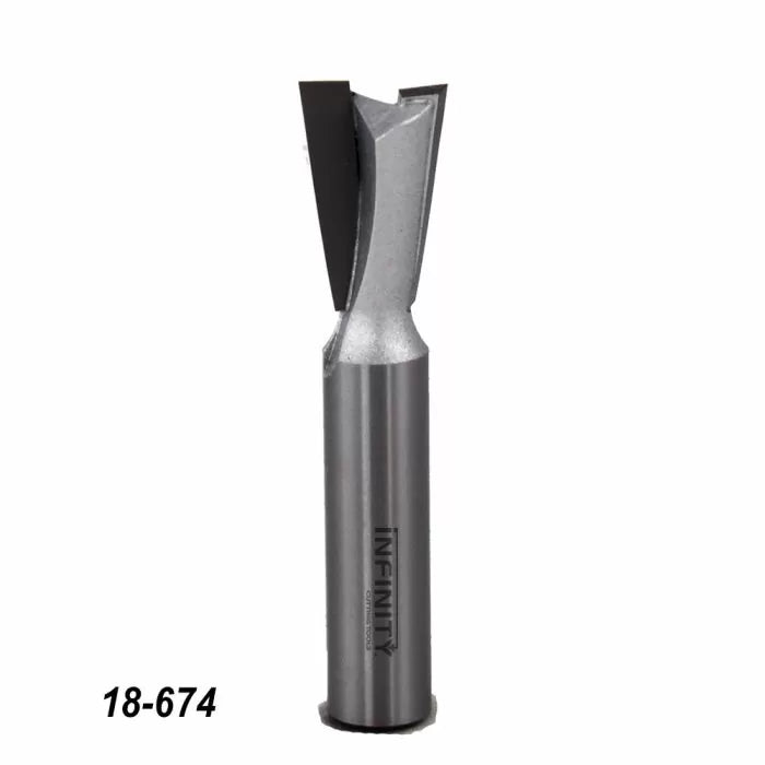 Carbide-tipped dovetail router bit for woodworking, isolated on white, model 18-674.