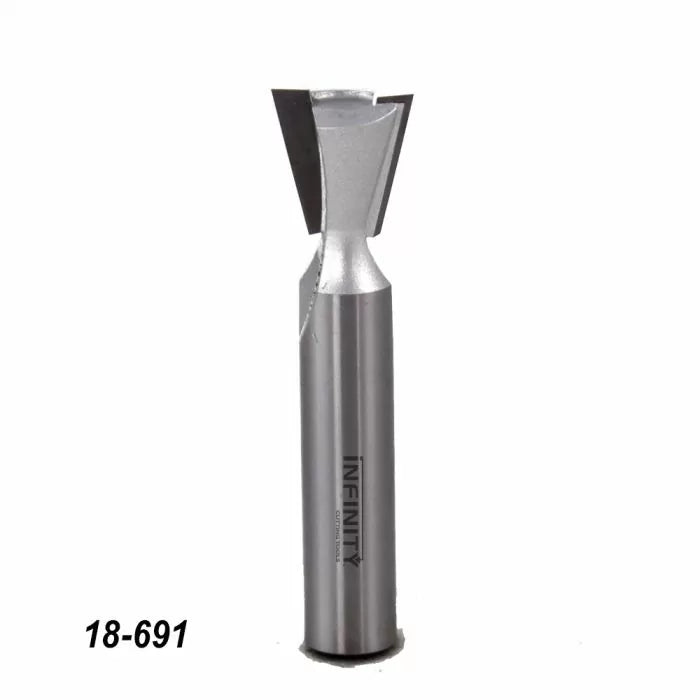 Dovetail router bit for woodworking on white background, labeled 18-691.