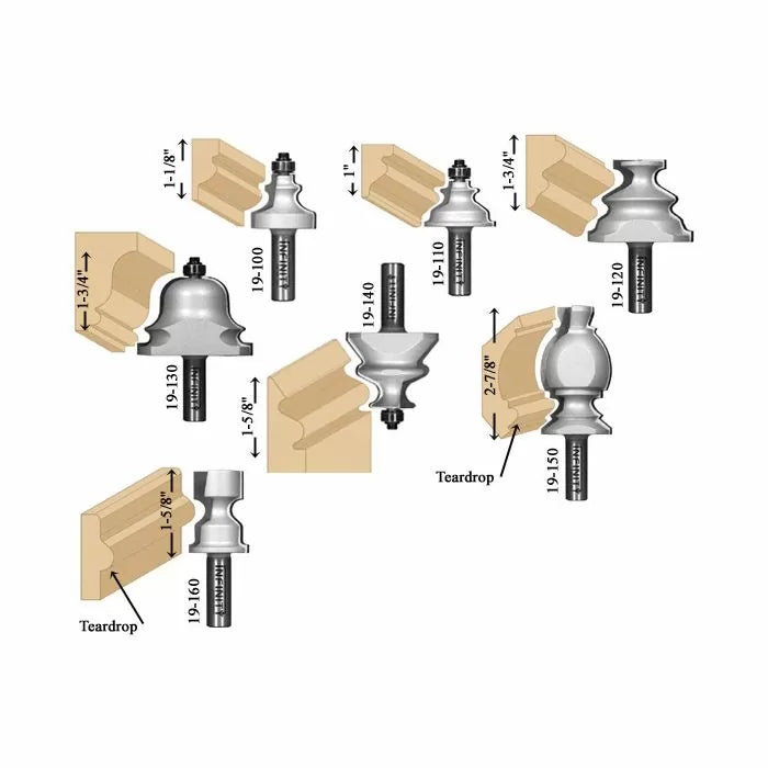 Assorted woodworking router bits with labeled profiles and cutting dimensions for molding.
