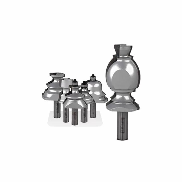 Set of decorative woodworking router bits with ball-bearing guides on white background