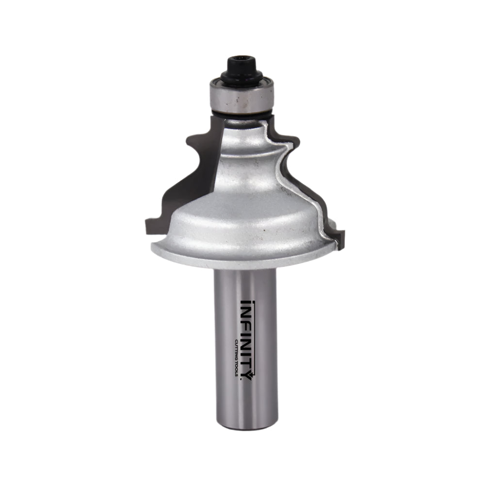 Ogee router bit with bearing for woodworking, carbide-tipped, close-up on white background