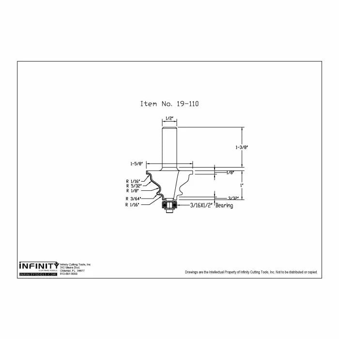 Technical drawing of router bit with measurements and item number 19-110 for woodworking.