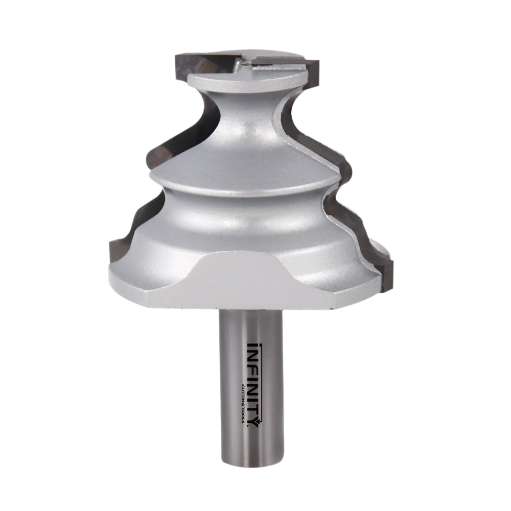 Carbide-tipped router bit for woodworking with decorative profile and infinity logo