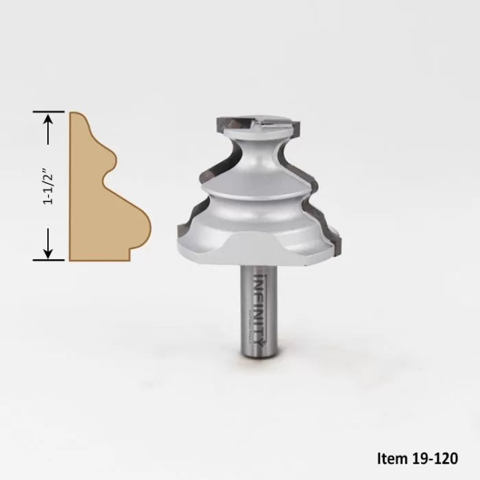 Crown molding router bit with 1-1/2 inch profile and cut example, woodworking tool