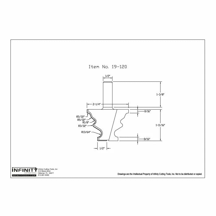 Router bit technical drawing with precise measurements and profile details, item 19-120.