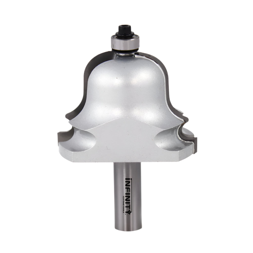 Cove and bead router bit with ball bearing guide for woodworking, isolated on white background.