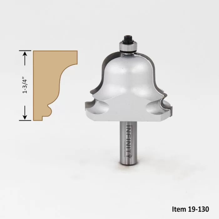 Crown molding router bit with 1-3/4 inch profile for woodworking, item 19-130.